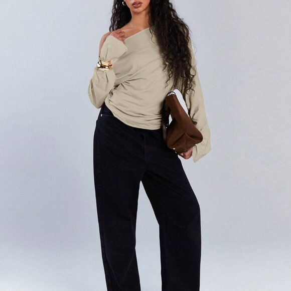 Apricot Casual Women's Asymmetric Collar Drawstring Top - Picture 4 of 7